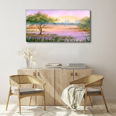 Foto auf leinwand Morgenlandschaft mit einem Baum