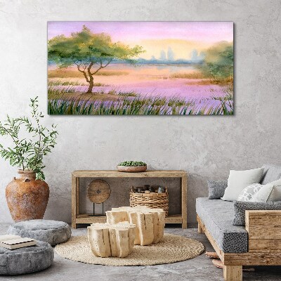 Foto auf leinwand Morgenlandschaft mit einem Baum