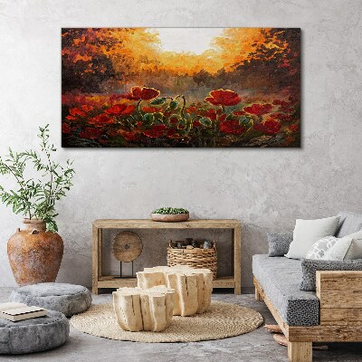 Foto auf leinwand Goldene Mohnblumen im Morgenlicht