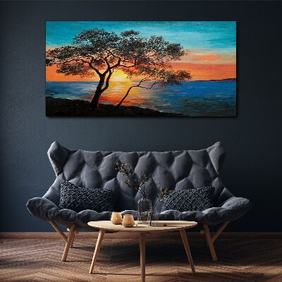 Foto auf leinwand Baum Meer Sonnenuntergang