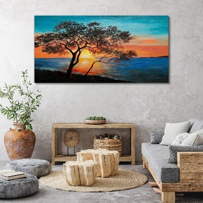 Foto auf leinwand Baum Meer Sonnenuntergang