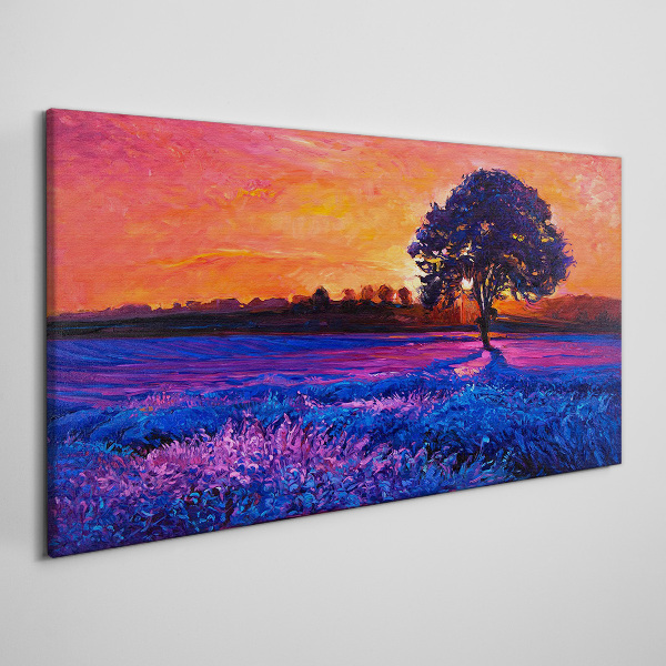Foto auf leinwand Sonnenuntergang über einem lila Feld