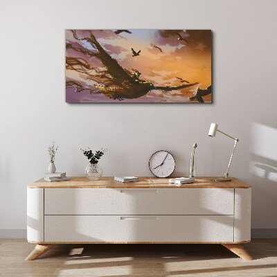 Foto auf leinwand Vogelflug in der untergehenden Sonne