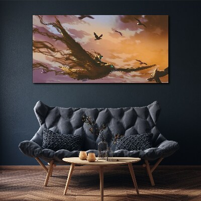 Foto auf leinwand Vogelflug in der untergehenden Sonne