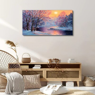 Foto auf leinwand Winter Fluss Bäume Sonne