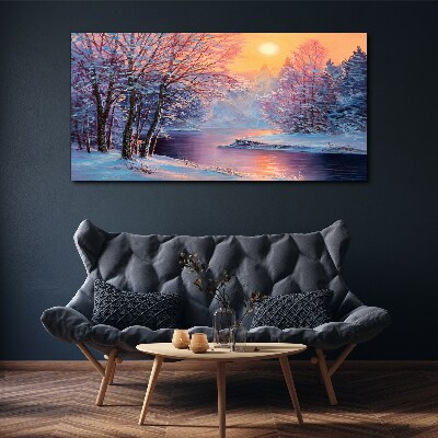 Foto auf leinwand Winter Fluss Bäume Sonne