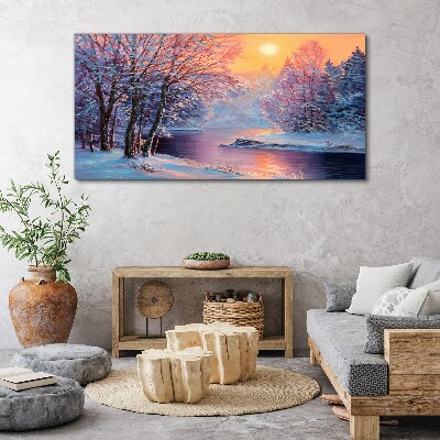 Foto auf leinwand Winter Fluss Bäume Sonne