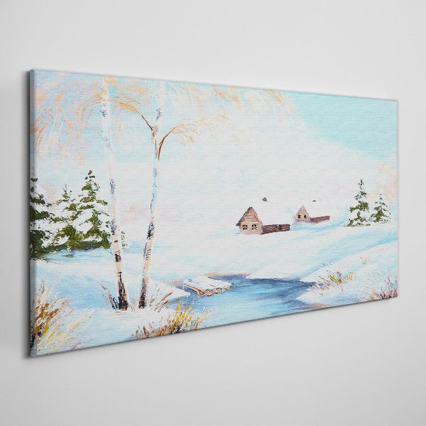 Foto auf leinwand Winterlandschaft mit Häusern im Schnee