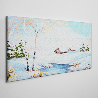 Foto auf leinwand Winterlandschaft mit Häusern im Schnee