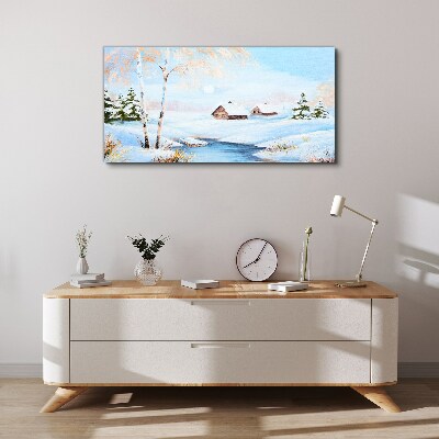 Foto auf leinwand Winterlandschaft mit Häusern im Schnee