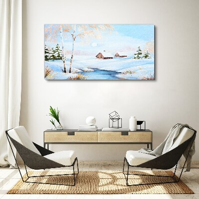 Foto auf leinwand Winterlandschaft mit Häusern im Schnee