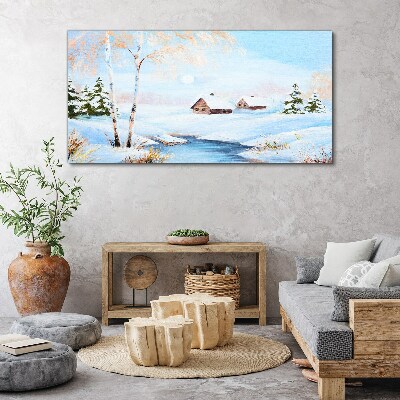 Foto auf leinwand Winterlandschaft mit Häusern im Schnee
