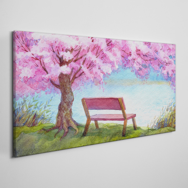 Foto auf leinwand Bank Baum Blumen Wasser