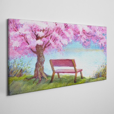 Foto auf leinwand Bank Baum Blumen Wasser