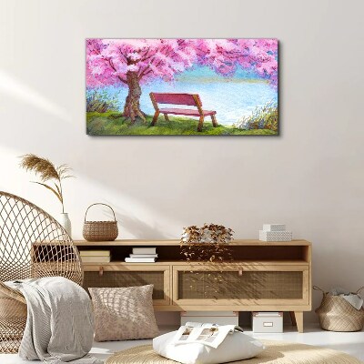 Foto auf leinwand Bank Baum Blumen Wasser