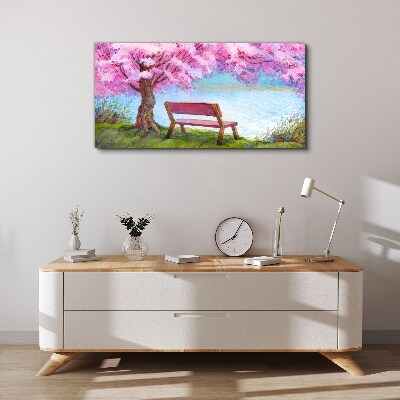 Foto auf leinwand Bank Baum Blumen Wasser