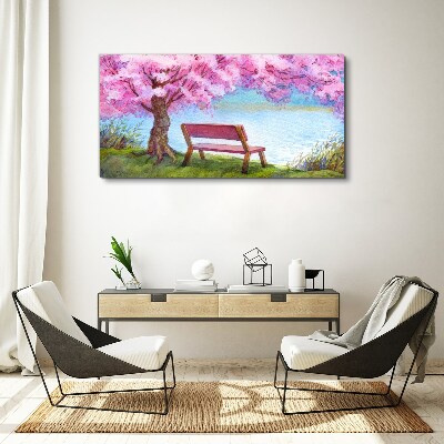 Foto auf leinwand Bank Baum Blumen Wasser