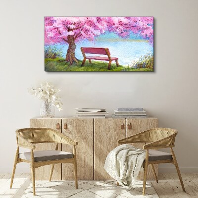 Foto auf leinwand Bank Baum Blumen Wasser