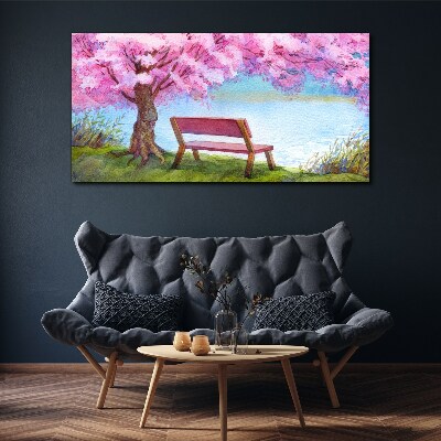 Foto auf leinwand Bank Baum Blumen Wasser