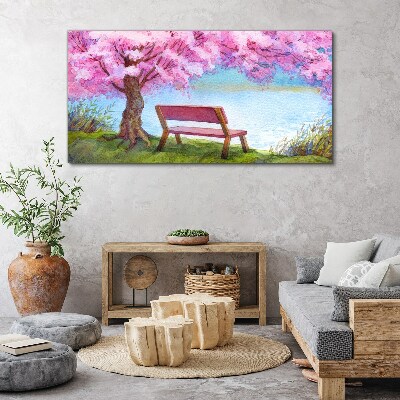 Foto auf leinwand Bank Baum Blumen Wasser