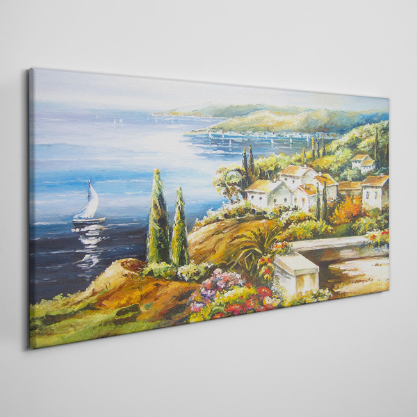 Foto leinwand Küstenlandschaft mit Segelboot
