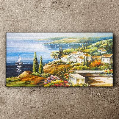 Foto leinwand Küstenlandschaft mit Segelboot