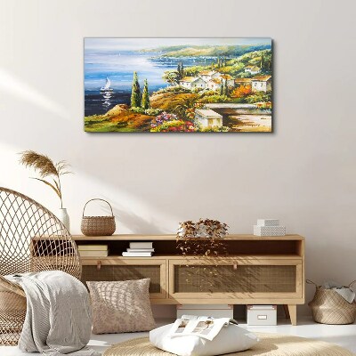 Foto leinwand Küstenlandschaft mit Segelboot