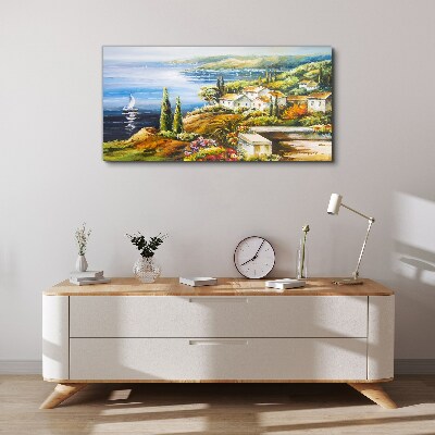 Foto leinwand Küstenlandschaft mit Segelboot