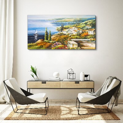 Foto leinwand Küstenlandschaft mit Segelboot