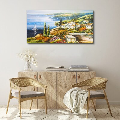 Foto leinwand Küstenlandschaft mit Segelboot