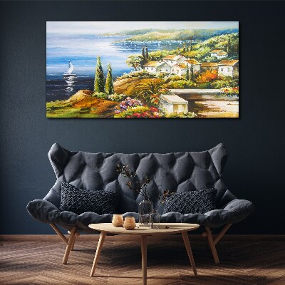 Foto leinwand Küstenlandschaft mit Segelboot