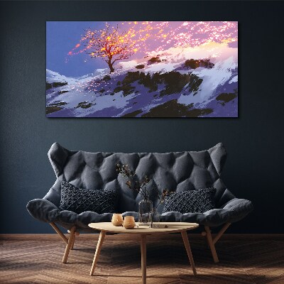 Foto auf leinwand Winterlandschaft mit brennendem Baum