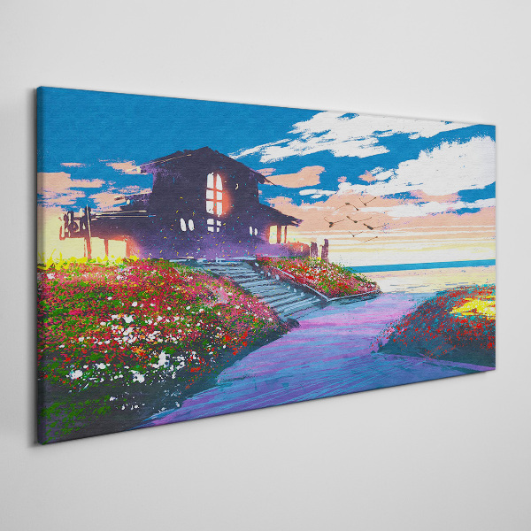Foto auf leinwand Sonnenuntergang über dem blühenden Ufer