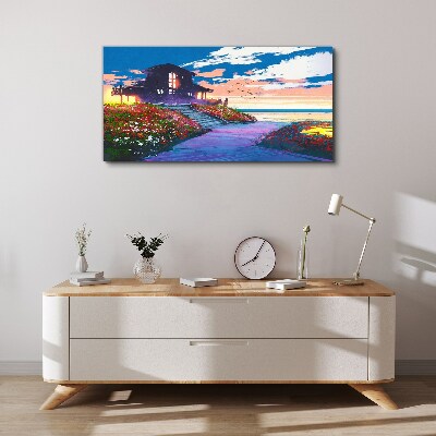 Foto auf leinwand Sonnenuntergang über dem blühenden Ufer