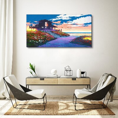 Foto auf leinwand Sonnenuntergang über dem blühenden Ufer