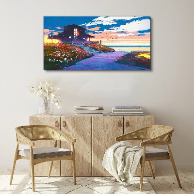 Foto auf leinwand Sonnenuntergang über dem blühenden Ufer