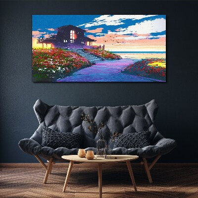 Foto auf leinwand Sonnenuntergang über dem blühenden Ufer