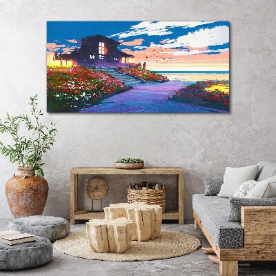 Foto auf leinwand Sonnenuntergang über dem blühenden Ufer