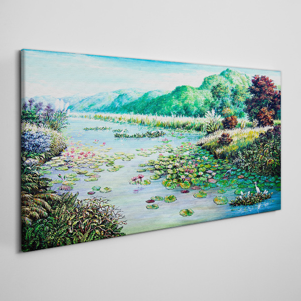 Foto leinwand Flussbäume Blumen Hügel