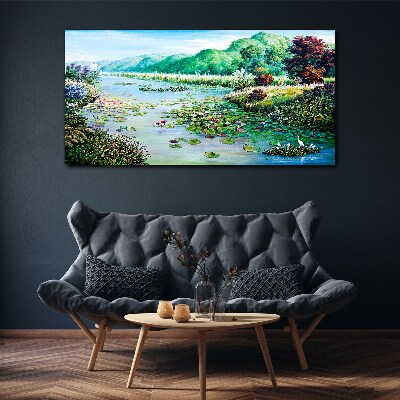 Foto leinwand Flussbäume Blumen Hügel