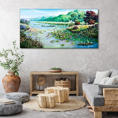 Foto leinwand Flussbäume Blumen Hügel