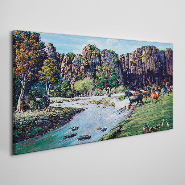 Foto auf leinwand Landschaft mit Pferden am Fluss