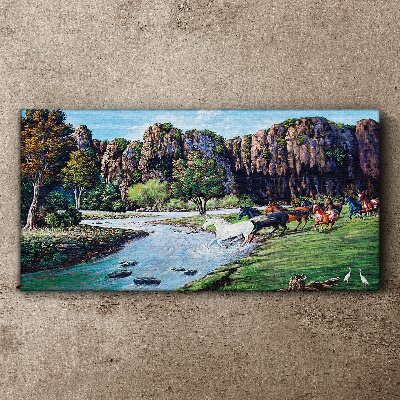 Foto auf leinwand Landschaft mit Pferden am Fluss