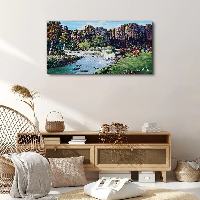 Foto auf leinwand Landschaft mit Pferden am Fluss