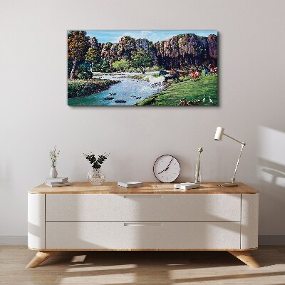 Foto auf leinwand Landschaft mit Pferden am Fluss