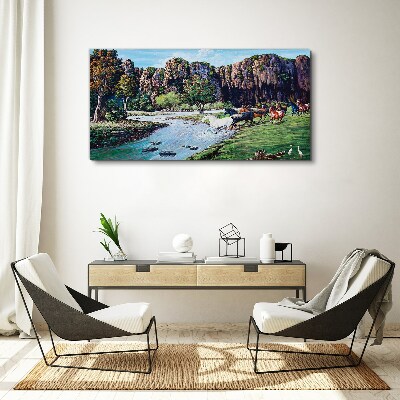 Foto auf leinwand Landschaft mit Pferden am Fluss