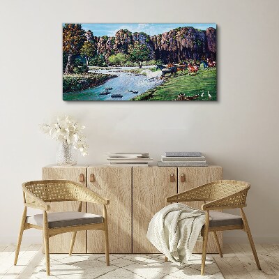 Foto auf leinwand Landschaft mit Pferden am Fluss