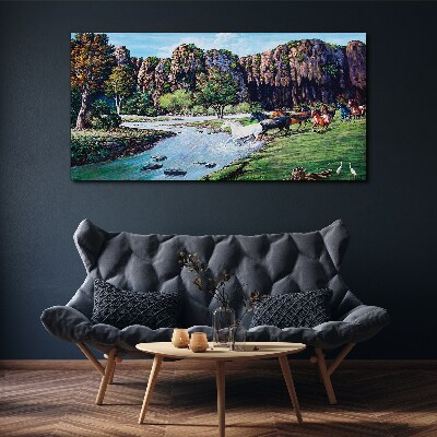 Foto auf leinwand Landschaft mit Pferden am Fluss