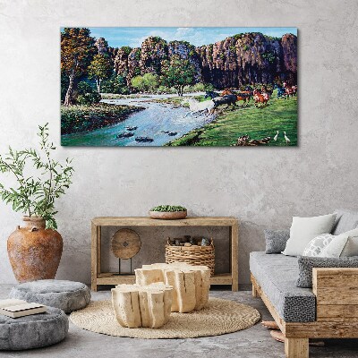 Foto auf leinwand Landschaft mit Pferden am Fluss