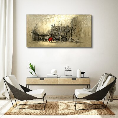 Foto auf leinwand Roter Mantel im Stadtbild